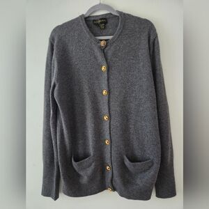 Donna Karan Vintage Gray Cashmere Cardigan Gold Buttons Pockets L (Bx2)